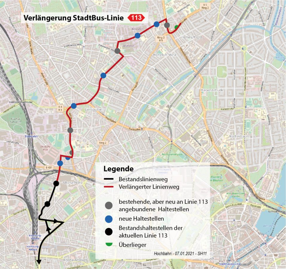 Strecke: Kaltenkircher Straße -  Augustenburger Straße - Kieler Straße - Eimsbütteler Marktplatz - Heußweg - Eidelstedter Weg - Stresemannallee - Troplowitzstraße - Hoheluftchaussee - Breitenfelder Straße